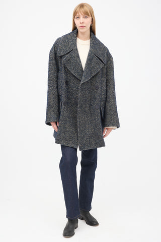 Raey Navy 
Grey Linen 
Wool Tweed Oversized Pea Coat