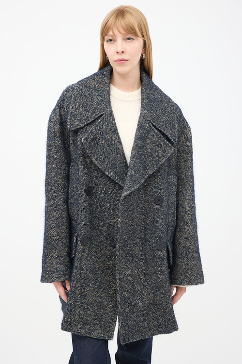 Raey Navy 
Grey Linen 
Wool Tweed Oversized Pea Coat