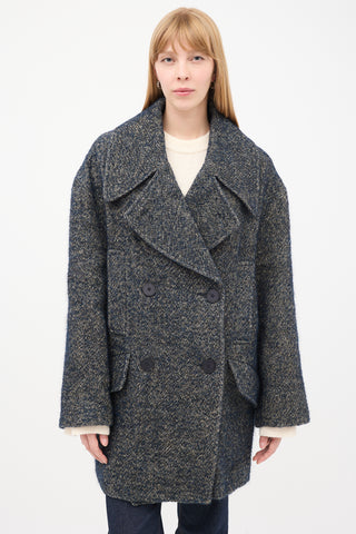 Raey Navy 
Grey Linen 
Wool Tweed Oversized Pea Coat