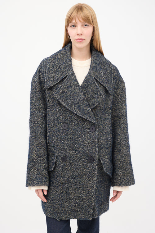 Raey Navy 
Grey Linen 
Wool Tweed Oversized Pea Coat