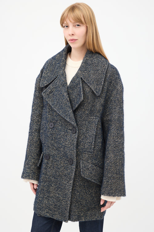 Raey Navy 
Grey Linen 
Wool Tweed Oversized Pea Coat