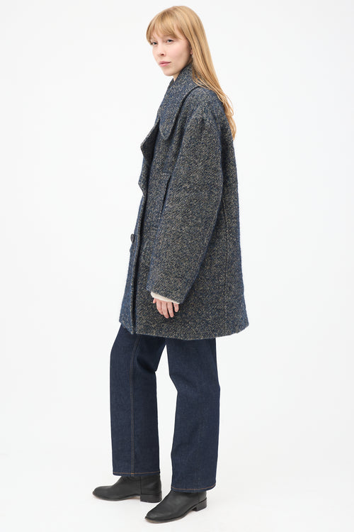 Raey Navy 
Grey Linen 
Wool Tweed Oversized Pea Coat