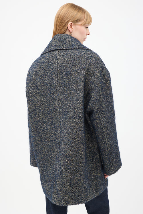 Raey Navy 
Grey Linen 
Wool Tweed Oversized Pea Coat