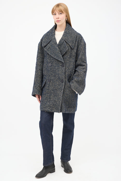 Raey Navy 
Grey Linen 
Wool Tweed Oversized Pea Coat