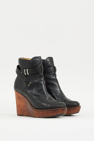 Rag 
Bone Black 
Brown Leather Emery Woven Wedge Boot