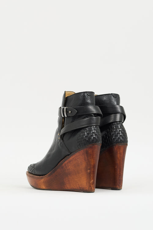 Rag 
Bone Black 
Brown Leather Emery Woven Wedge Boot