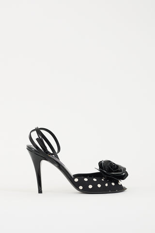 Ralph Lauren Black Patent Leather 
White Polka Dotted Rose Heel