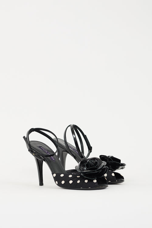 Ralph Lauren Black Patent Leather 
White Polka Dotted Rose Heel