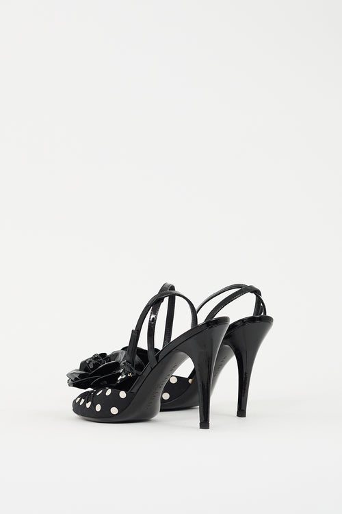 Ralph Lauren Black Patent Leather 
White Polka Dotted Rose Heel