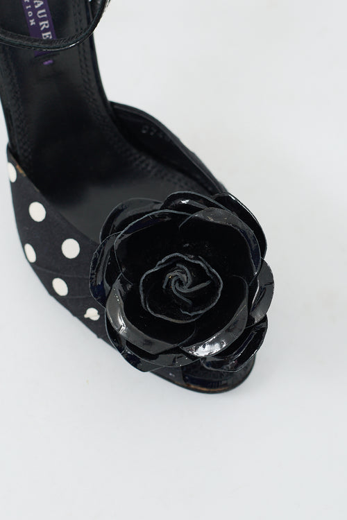 Ralph Lauren Black Patent Leather 
White Polka Dotted Rose Heel