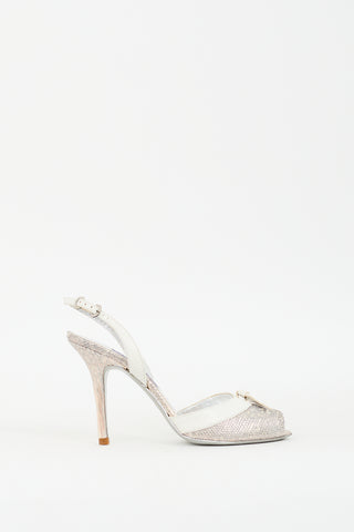 Ralph Lauren Silver 
White Embossed Leather Peep Toe Pump