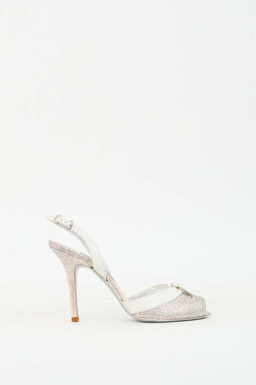 Ralph Lauren Silver 
White Embossed Leather Peep Toe Pump