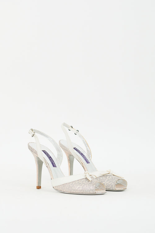 Ralph Lauren Silver 
White Embossed Leather Peep Toe Pump