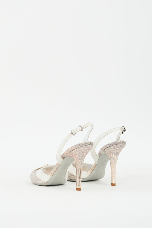 Ralph Lauren Silver 
White Embossed Leather Peep Toe Pump