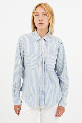 Raquel Allegra Blue 
White Stripe Paint Splatter Shirt