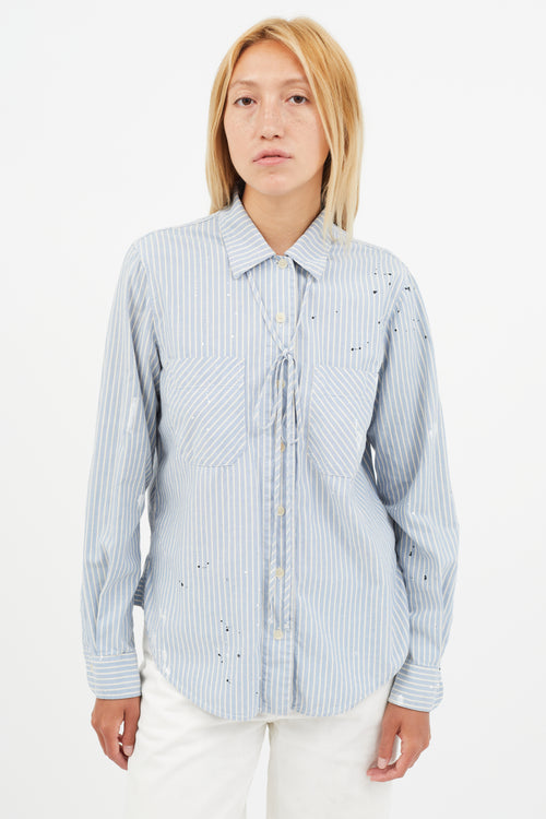 Raquel Allegra Blue 
White Stripe Paint Splatter Shirt