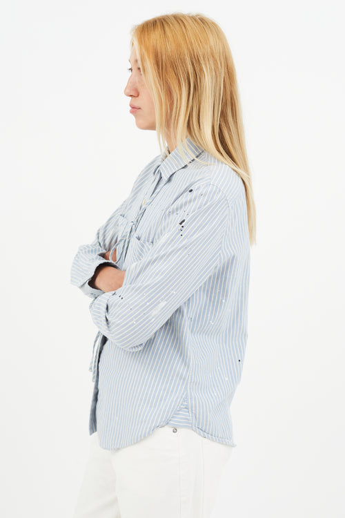 Raquel Allegra Blue 
White Stripe Paint Splatter Shirt