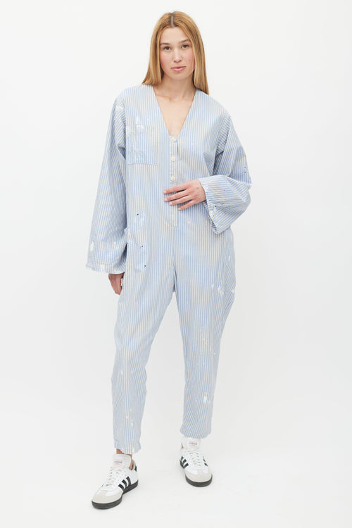 Raquel Allegra Blue 
White Striped Distressed Jumpsuit