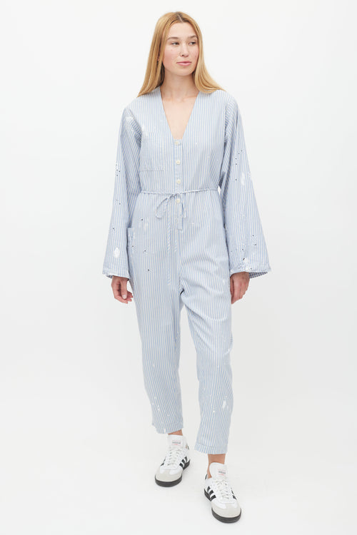 Raquel Allegra Blue 
White Striped Distressed Jumpsuit