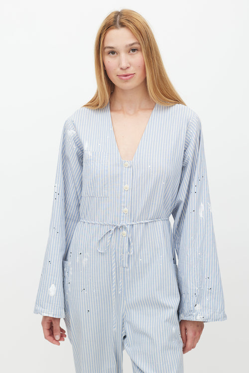 Raquel Allegra Blue 
White Striped Distressed Jumpsuit