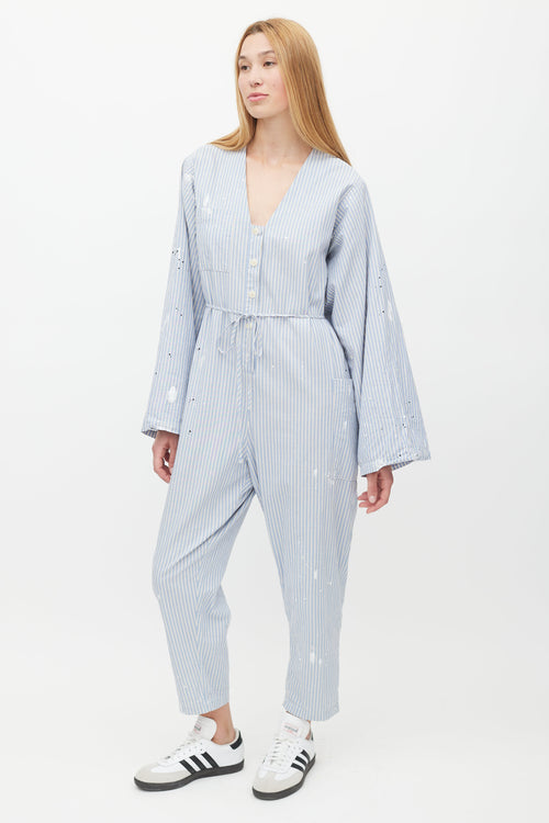 Raquel Allegra Blue 
White Striped Distressed Jumpsuit