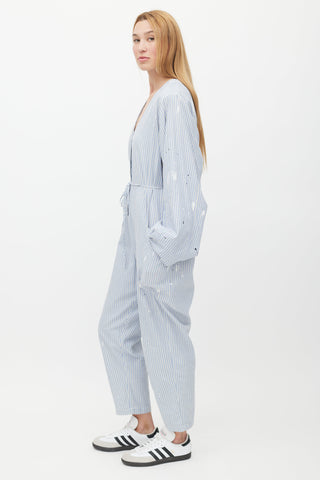 Raquel Allegra Blue 
White Striped Distressed Jumpsuit