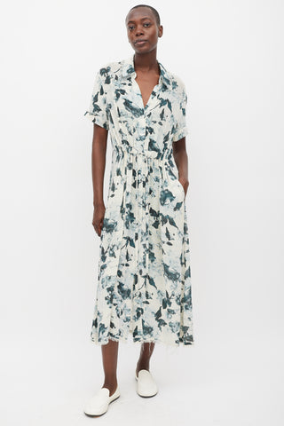 Raquel Allegra White 
Blue Floral Silk Button Up Dress