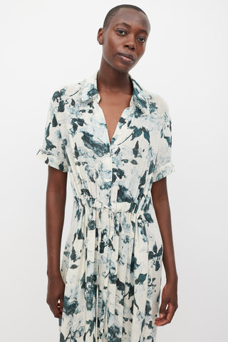 Raquel Allegra White 
Blue Floral Silk Button Up Dress