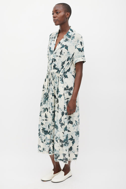 Raquel Allegra White 
Blue Floral Silk Button Up Dress