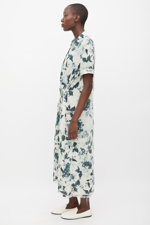 Raquel Allegra White 
Blue Floral Silk Button Up Dress