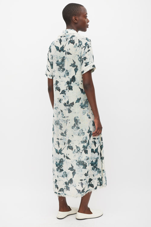 Raquel Allegra White 
Blue Floral Silk Button Up Dress