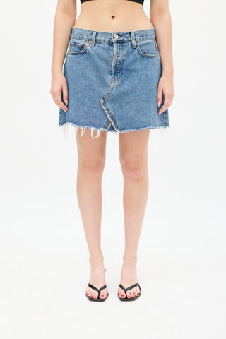 Re/Done Medium Wash Denim Raw Hem Mini Skirt