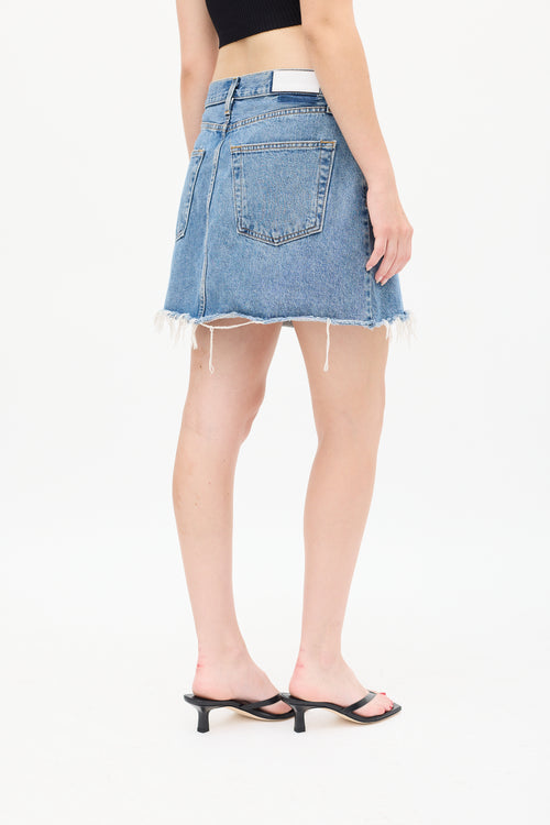 Re/Done Medium Wash Denim Raw Hem Mini Skirt