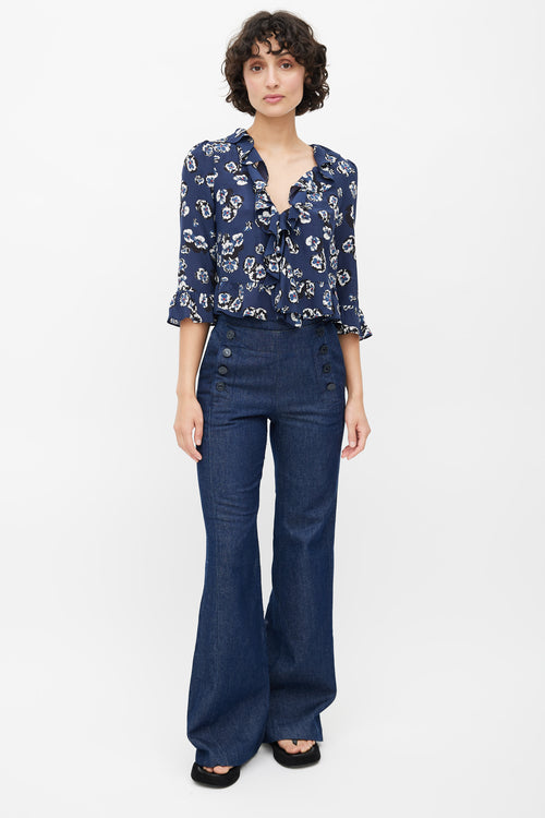 Réalisation Par Blue Silk Floral Ruffled Blouse