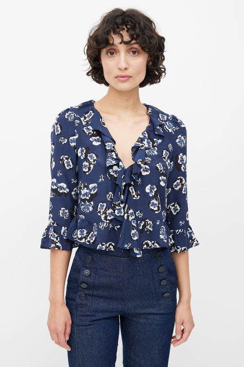 Réalisation Par Blue Silk Floral Ruffled Blouse