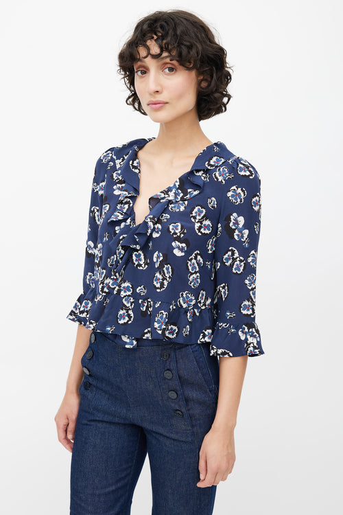 Réalisation Par Blue Silk Floral Ruffled Blouse