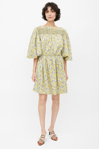 Rebecca Taylor Chartreuse Shirred Floral Dress