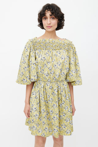 Rebecca Taylor Chartreuse Shirred Floral Dress