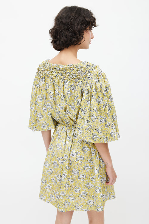 Rebecca Taylor Chartreuse Shirred Floral Dress