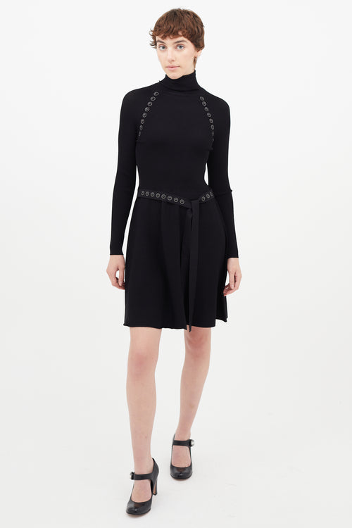 Red Valentino Black Belted Jewel Turtleneck Dress