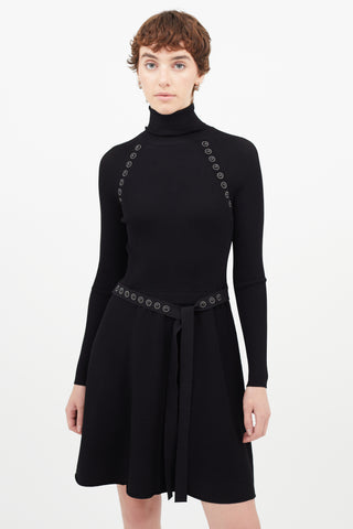 Red Valentino Black Belted Jewel Turtleneck Dress