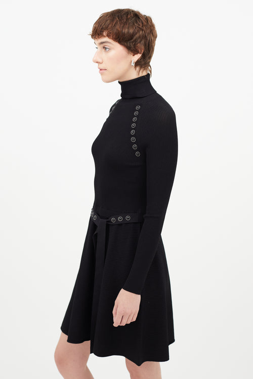 Red Valentino Black Belted Jewel Turtleneck Dress