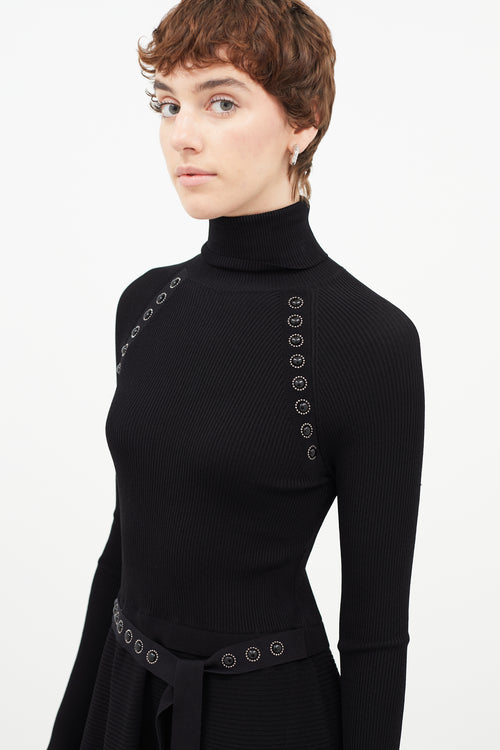 Red Valentino Black Belted Jewel Turtleneck Dress