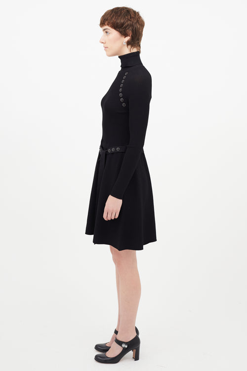 Red Valentino Black Belted Jewel Turtleneck Dress