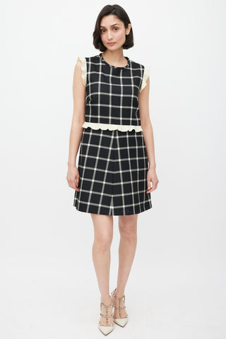 Red Valentino Black 
Cream Wool Plaid Ruffled Dress