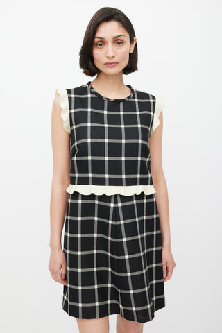 Red Valentino Black 
Cream Wool Plaid Ruffled Dress