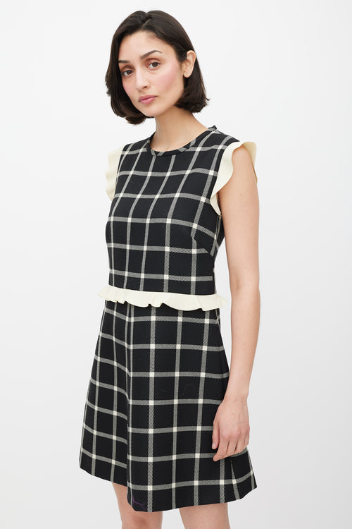 Red Valentino Black 
Cream Wool Plaid Ruffled Dress