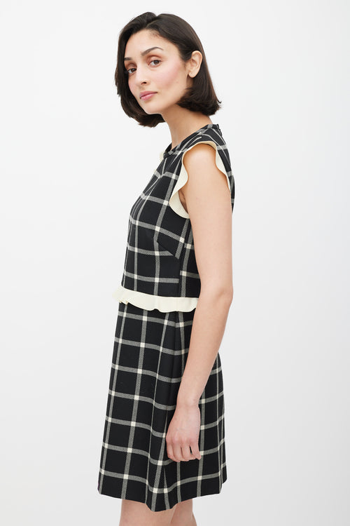 Red Valentino Black 
Cream Wool Plaid Ruffled Dress