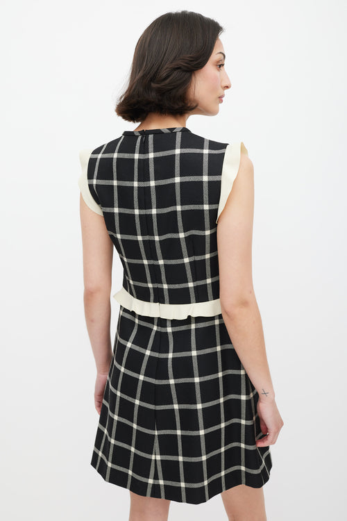 Red Valentino Black 
Cream Wool Plaid Ruffled Dress