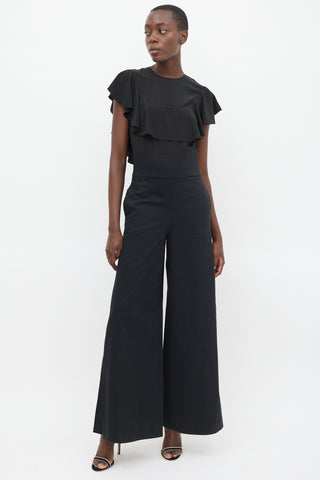 Red Valentino Black Flounced Top Flared Leg Jumpsuit